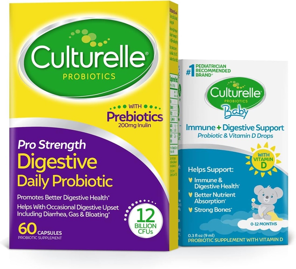 Culturalle Pro Strength Daily Probiotic Capsules, Probiotics for Men &amp; Women 60 Cuenta, 2 meses + Culturelle Baby Immune & Digestive Support Probiotic + Vitamin D Drops 0-12 Meses, 30 Day Supply, 9ml