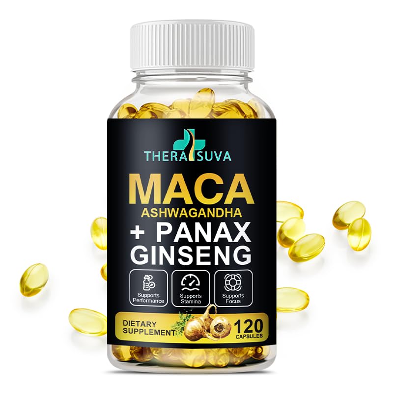 3 en 1 Ashwagandha + Maca Root + Panax Ginseng - Suplemento natural para energía, resistencia y soporte para estrés, 120 Softgels