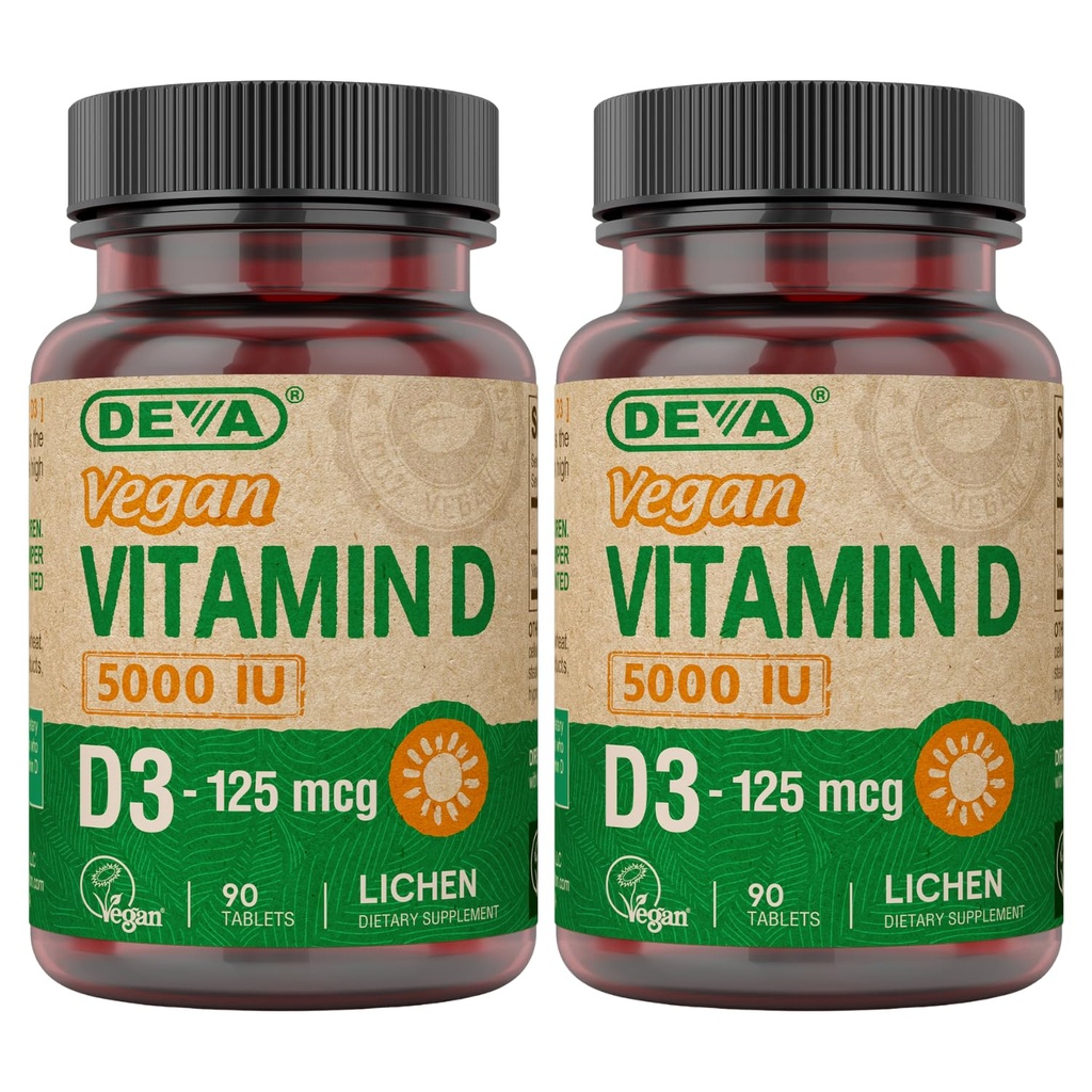 DEVA Vitamina D3 5000 UI, Suplemento Sunshine, 125 mcg de Vegan D3, Botella 90-Count (Pack of 2)