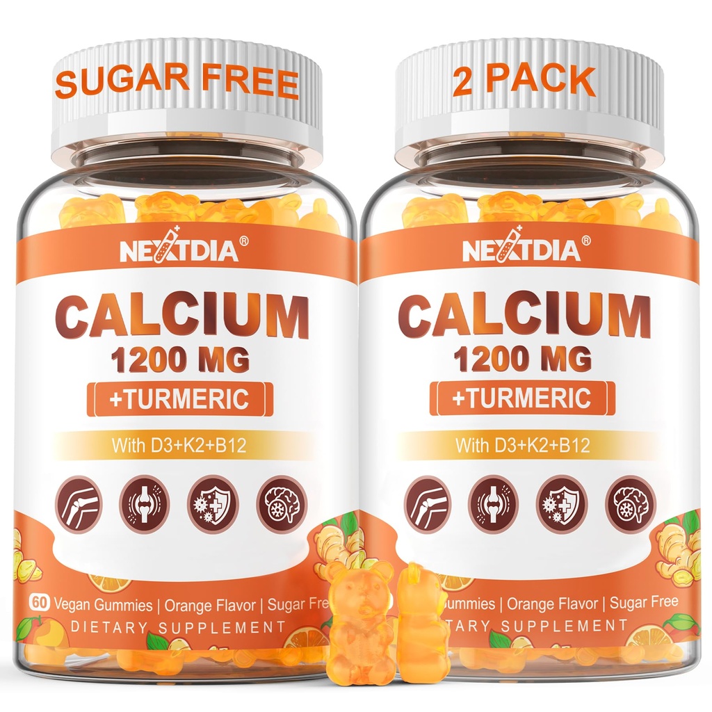 Calcio 1200 mg con vitamina D3 Gummies - Calcio + Suplemento Turmérico para Mujeres y Hombres con Vitamina K2 B12 - Soporte Bono &amp; Muscle - Sugar Gratis - Vegan (120 Conteo)