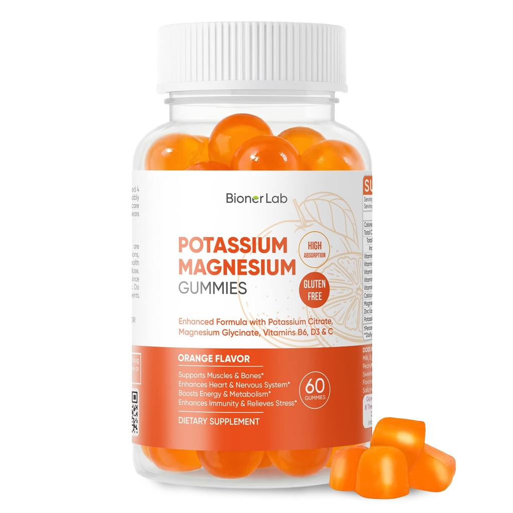 BionerLab Potasio Magnesio Gummies con Vitamina D3 B6 C - Alta Absorción Potasio 99mg Magnesio Glycinate 250mg Suplementos Chewable para Mujeres Hombre Adultos Niños