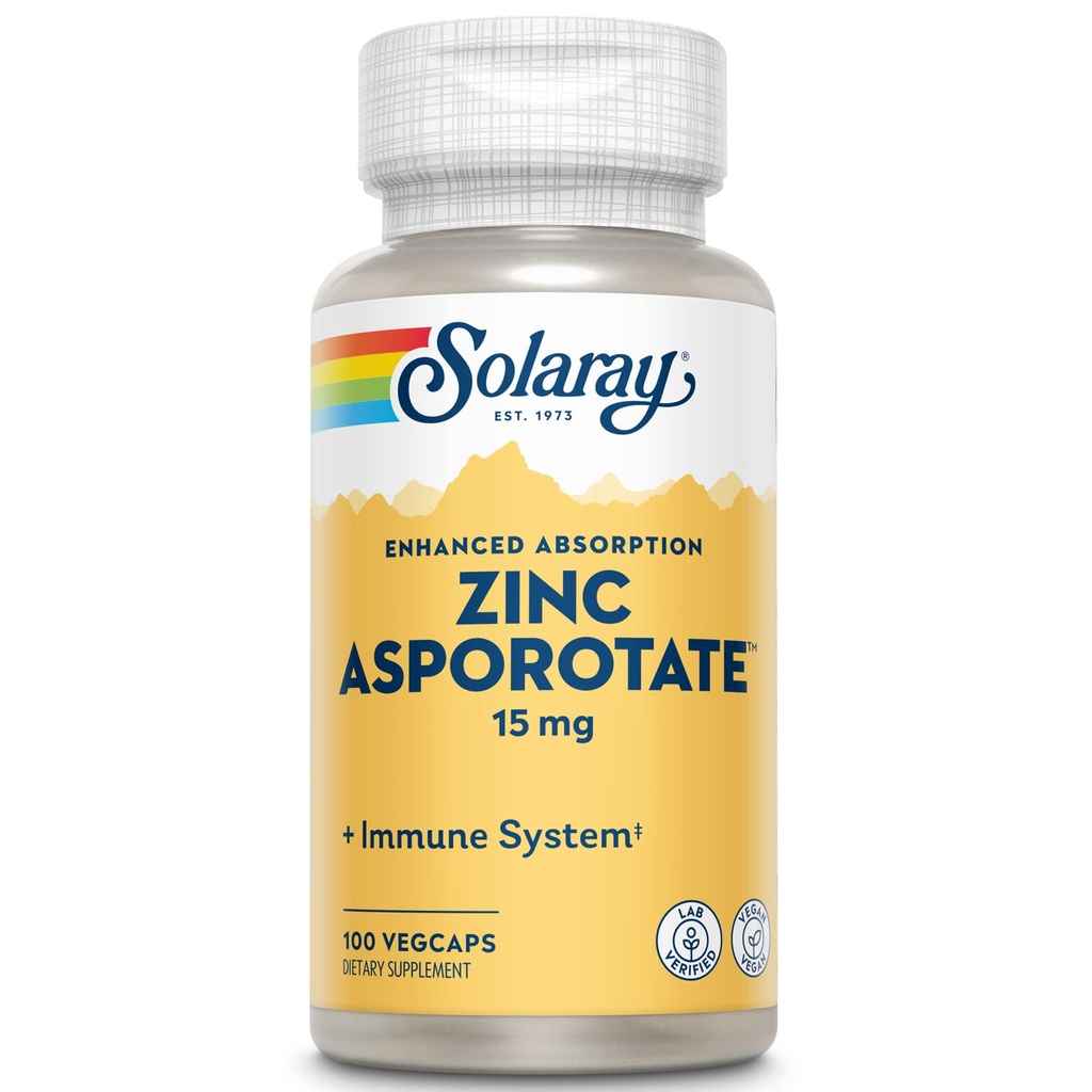 Solaray Zinc Asporotate 15mg Complejo Chelated ← Immune & Endocrine Support, Cell &amp; Skin Health Formula, 100 VegCaps