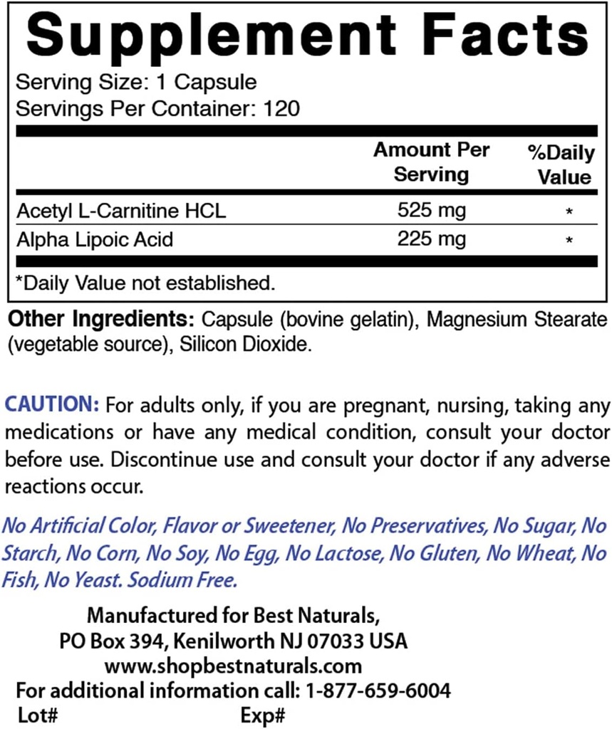 Mejores Naturales Acetyl L-Carnitina y Ácido Alfa Lipoico 750 mg & Zinc Gluconate 50mg