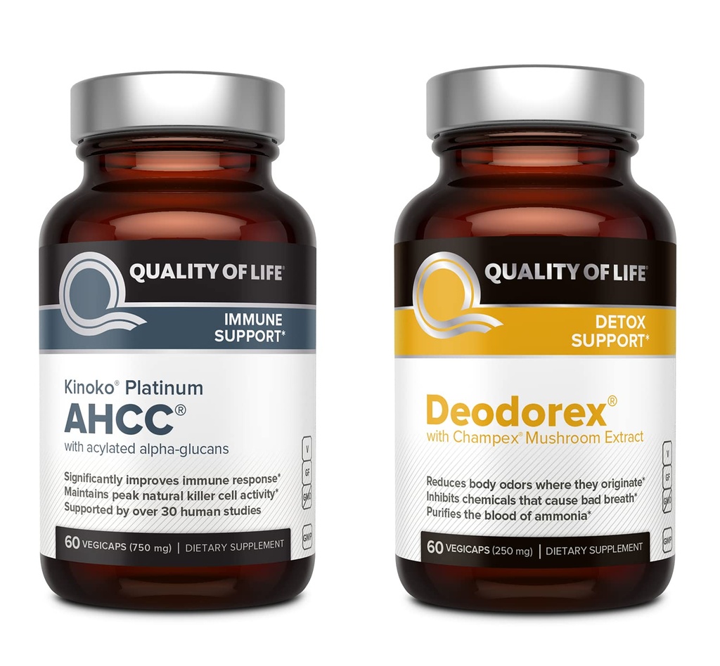 Calidad de vida All Natural Immune Support and Detox Bundle - Kinoko Platinum AHCC Mushroom Extract - Deodorex Detox Support Supplement