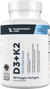 Laboratorios transparentes Vitamina D3 K2 - Vitamina D &amp; K2 Suplemento de vitaminas para Hombres &amp; Mujeres, Vegan-Friendly D3K2 5000 UI Suplementos para apoyar el hueso, la inmuno y la salud general - K2 D3 60 cápsulas