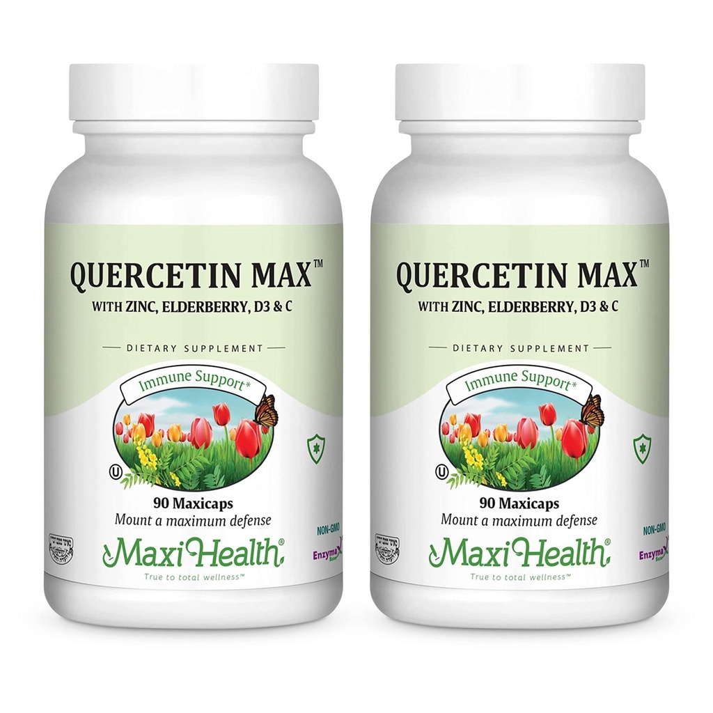 Maxi Health Quercetin 500mg capsules – Suplementos de zinc para mujeres y hombres – No GMO, Kosher y suplementos de quercetina sin gluten con vitamina C y zinc de arandela (90 cápsulas de Veg, paquete de 2)