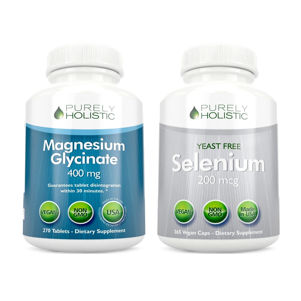 Magnesium Glycinate 400mg + Selenium 200mcg - Vegan Bundle - 270 Tablets &amp; 365 Capsules - Made in USA