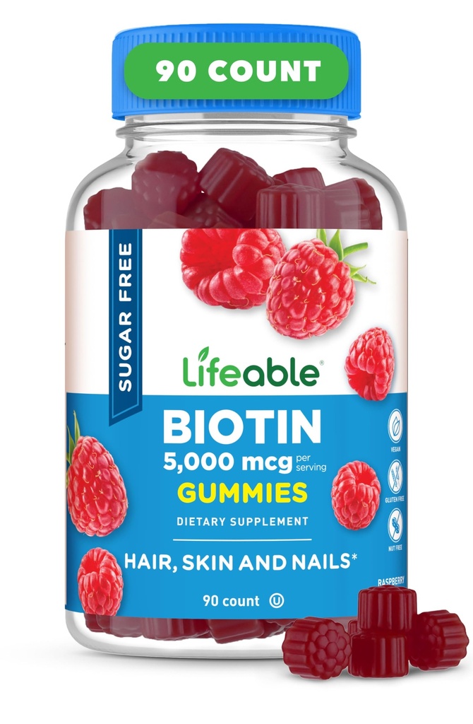 Lifeable Sugar Free Biotin Gummies ← 5000mcg Vitamina B7 TENIDO Gran Tasting Biotin Suplemento Silencio para el Crecimiento del Pelo, la Esquía y la Salud del Nail Silencioso para Mujeres, Hombres, Adultos