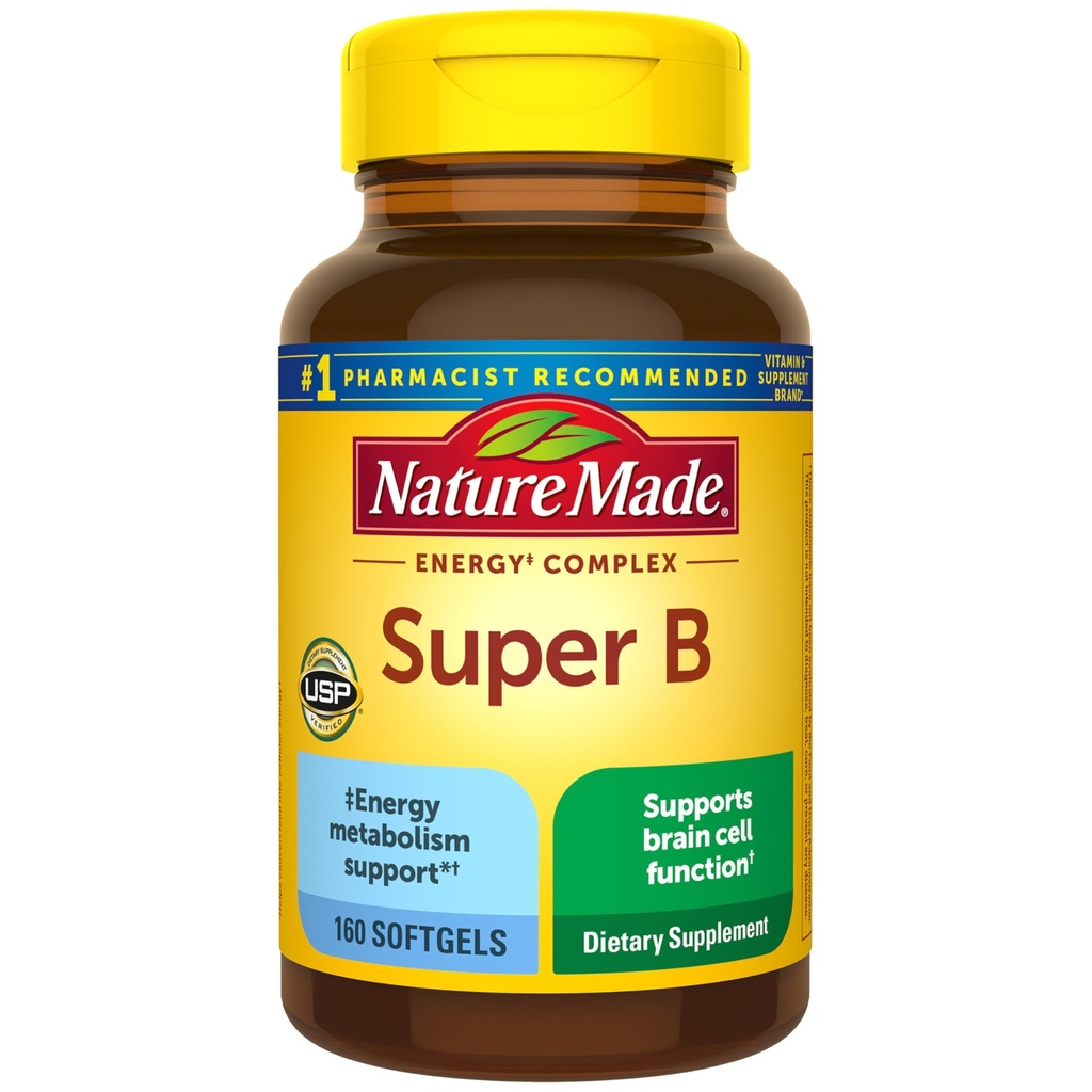 Nature Made Super B Complejo Vitaminas para Mujeres y Hombres, Suplemento Dietario para Energía Metabolismo Apoyo, Complejo Super Vitamina B, 160 Softgels, 160 Day Supply