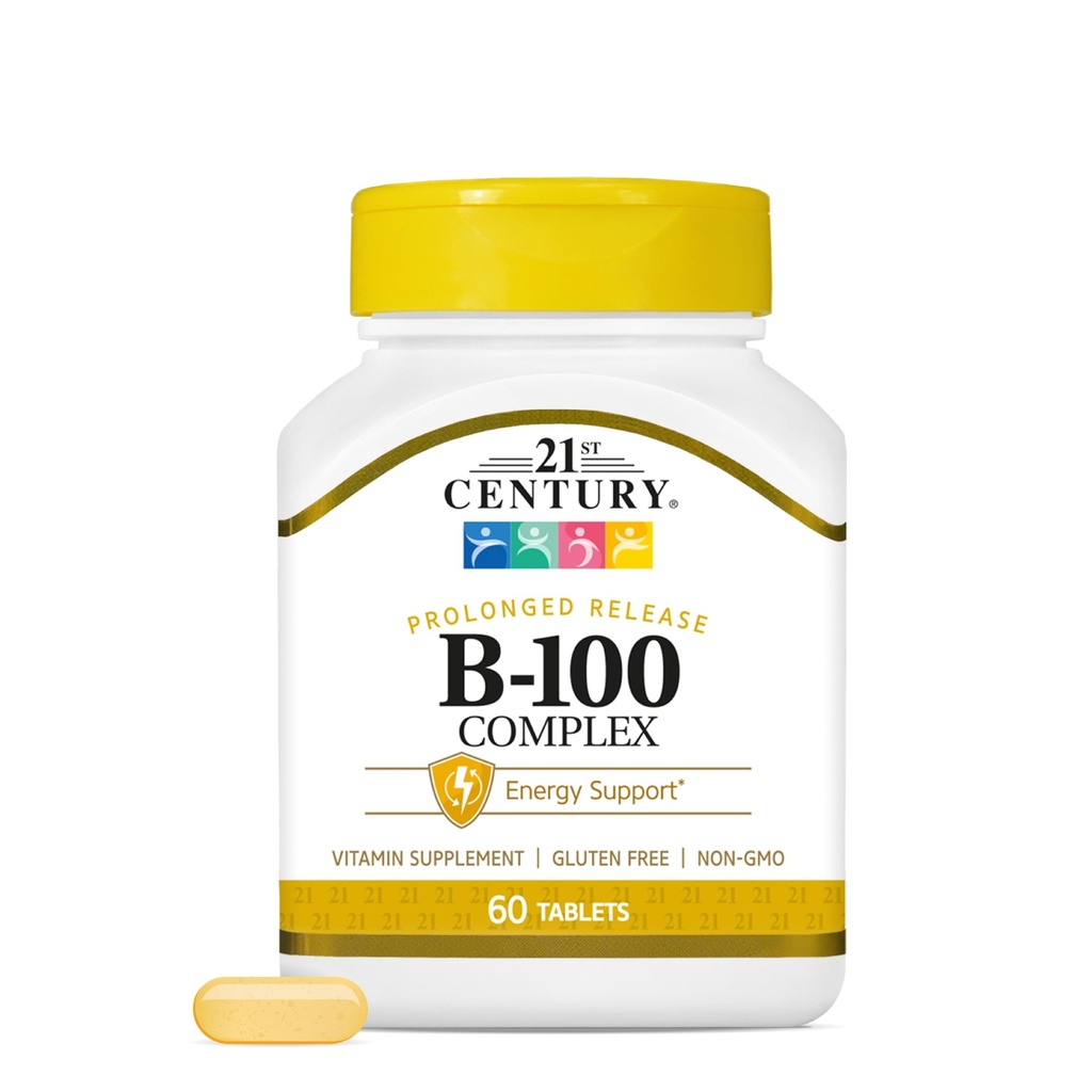 21st Century B-100 Complex Prolonged Release Tablets, 60 Count (Pack of 1), High Potency Vitamin B Complex for Nervous System, Energy Support, Incluye Vitamina B1, B2, B6, Biotin &amp; Calcium