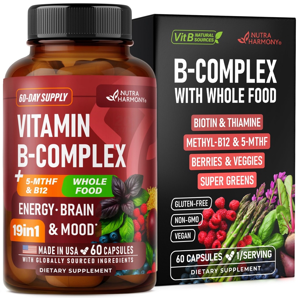 Complejo de vitamina B - B1 Silencio B2 Silencio B3 Silencio B5 Silencio B6 Silencio Biotin Silencio B12  5-MTHF - Astragalus &amp; Whole Food Blend - Energía, Metabolismo &amp; Cerebro - Vitaminas B para Hombres Mujer - Made in USA - 60 cápsulas, 60 días de suministro