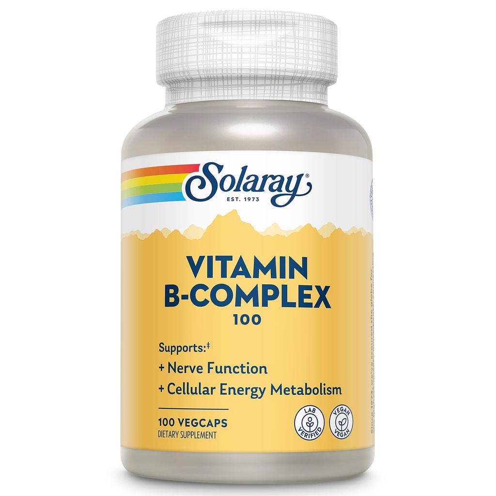 SOLARAY Vitamina B Complejo 100 mg - Energía Celular, Nerve y Heart Health Support - Supplies All 8 B Complejo Vitaminas - Vitamina B12, B1, B3, B6, Niacin, Folic Acid y Biotin - Vegan, 100 Servimientos