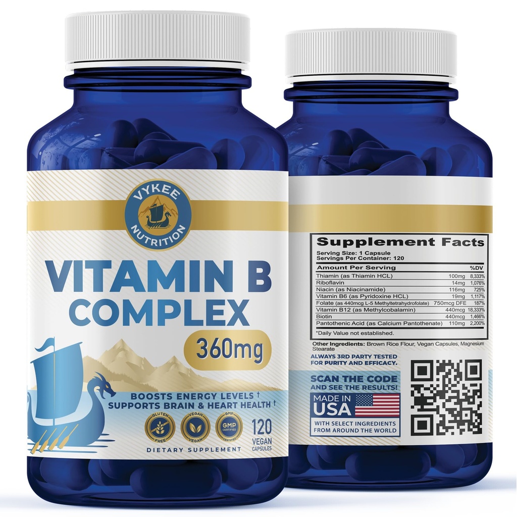 Vykee Nutrition B Complex Supplement – High-Potency B Vitamins with 750mg DFE Folate, 440mcg B12/Biotin ← Vegan Non-GMO ← Apoya la Producción Celular de Energía " Red Blood Cell Formation  120 Capsules