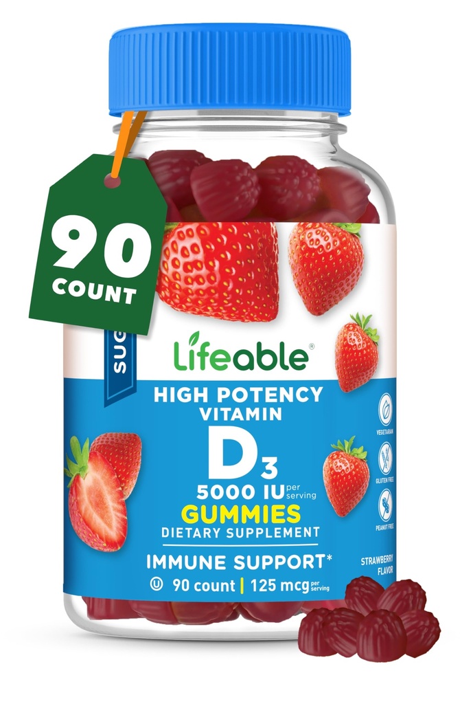 Vitamina D 5000 UI - Gran Tasting Natural Flavor Gummy Suplemento - Gluten Free Vegetarian GMO-Free Chewable - para Immune Support and Bone Health - para adultos - 90 Gummies