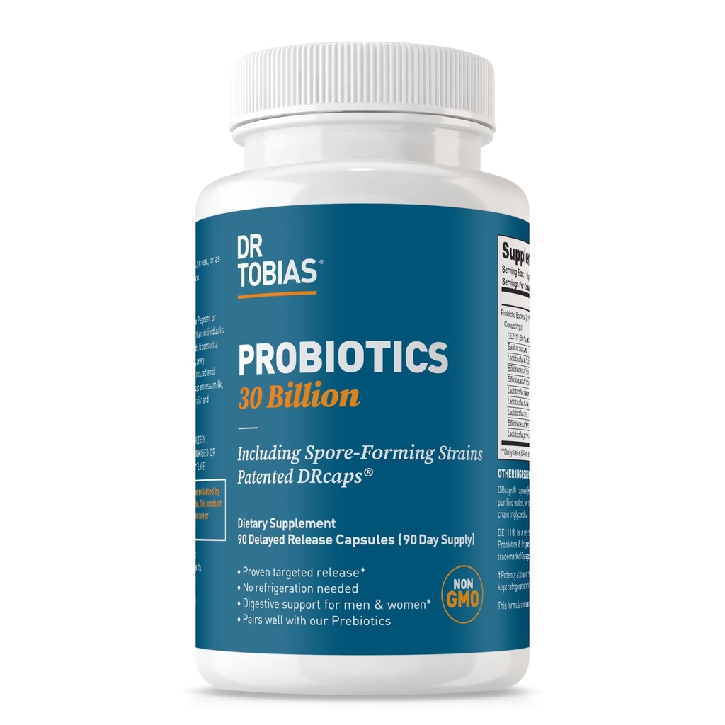 Dr. Tobias Probióticos 30 Billones, 10 Strains, 30 Billion CFU's, Probióticos de liberación dirigida para hombres de mujeres, apoya la salud digestiva, estante-estable, no GMO, 90 cápsulas, 90 servicios