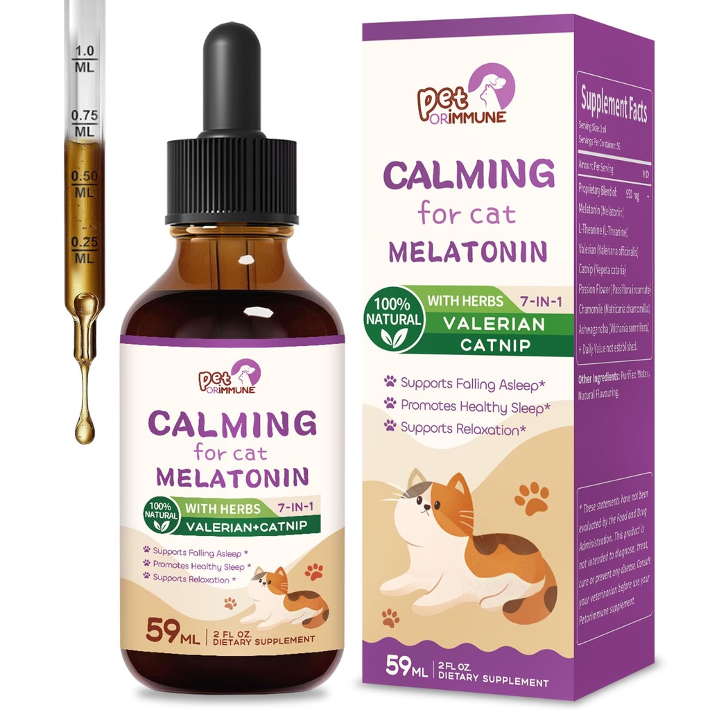 Cat Melatonin Natural Calming Drops, Support Falling Asleep &amp; Healthy Sleep, Herbal Extract Relax Supplement with L-Theanine, Valerian, Catnip, Passion Flower and Chamomile. 2 oz