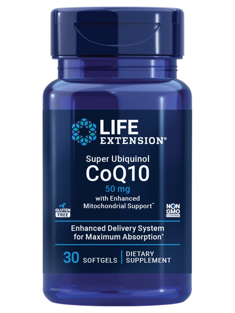 Super Ubiquinol CoQ10 con soporte mitocondrial mejorado, suplemento de salud cardíaca, absorción máxima, 50 mg, no GMO, libre de gluten, 30 softgeles