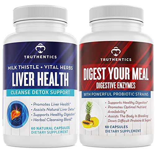 TRUTHENTICS Liver Health and Digestive Enzymes Bundle - Support for Liver Cleanse Detox, Digestion, Nutrient Absorption, Occasional Gas and Bloating - Gluten Free, Non-GMO