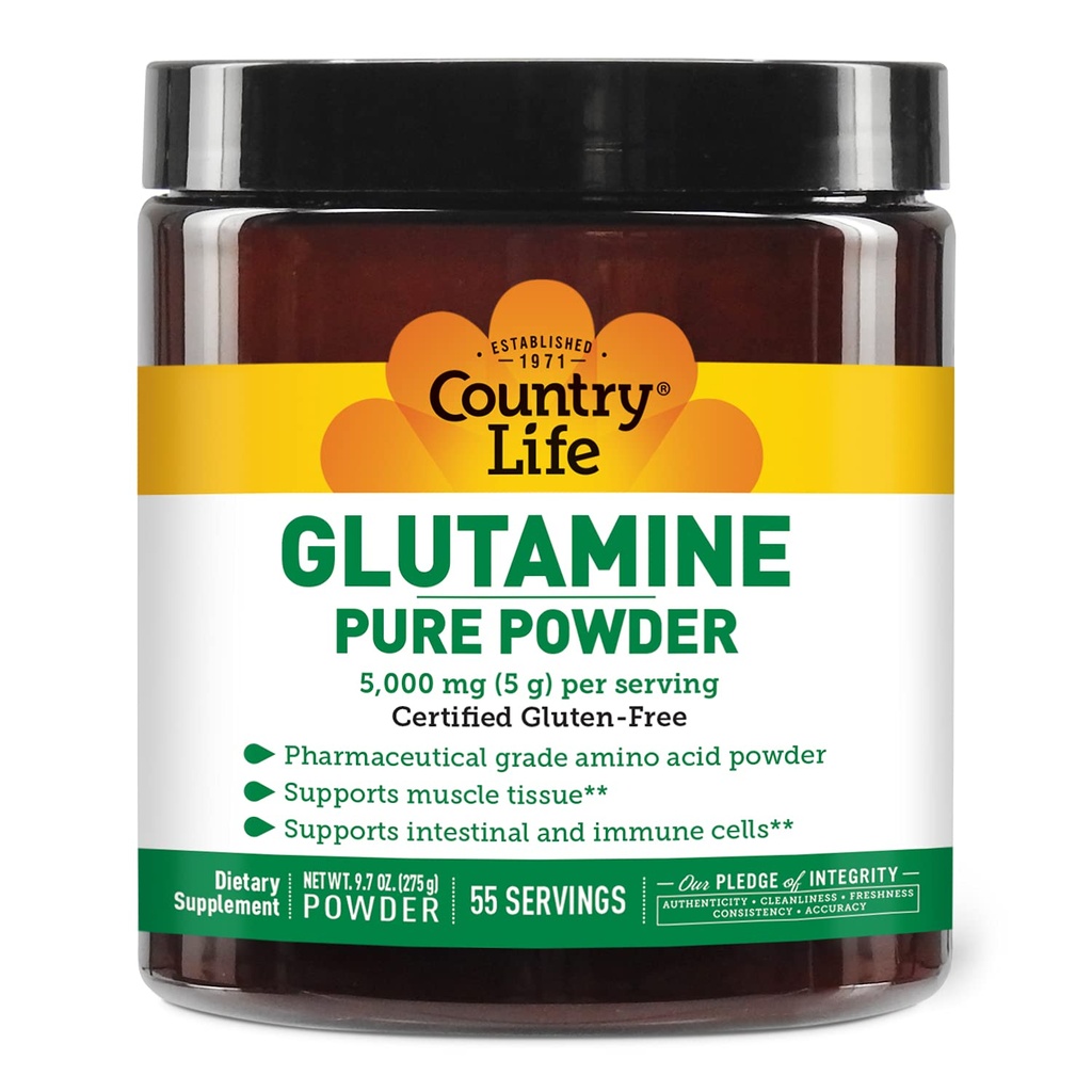 Country Life Glutamine Pure Powder - 5000mg L-Glutamine - Muscle Tissue, Gut Health, Immune Support - Gluten-Free Certified - Ideal Pre/Post Workout Amino Acid Suplemento, 55 Servings, 9.7oz