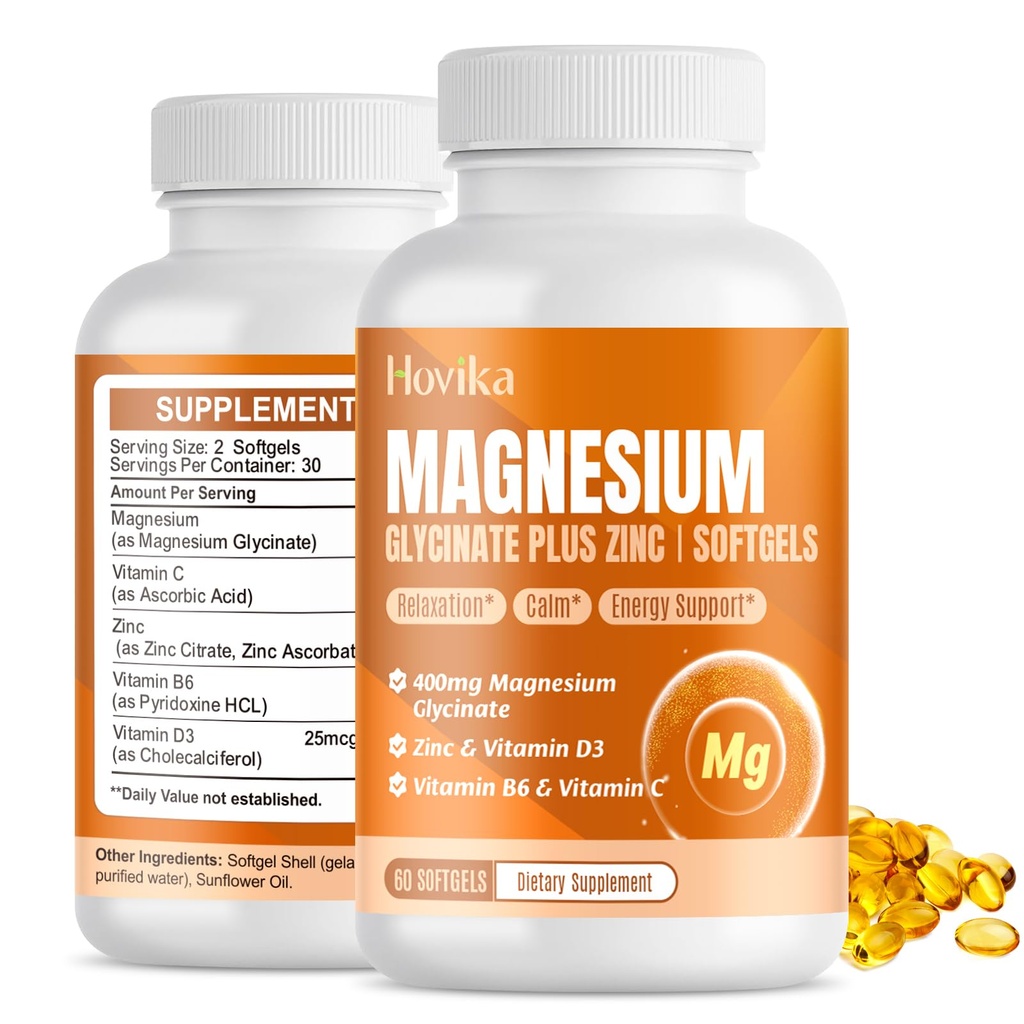 Magnesium Glycinate Suplemento Softgels, Magnesium Glycinate 400mg con Zinc, Vitamina B6, C, D3, Magnesio puro para el sueño, la calma, el músculo, la energía, el apoyo al corazón - 60 cápsulas Vegan para hombres y mujeres