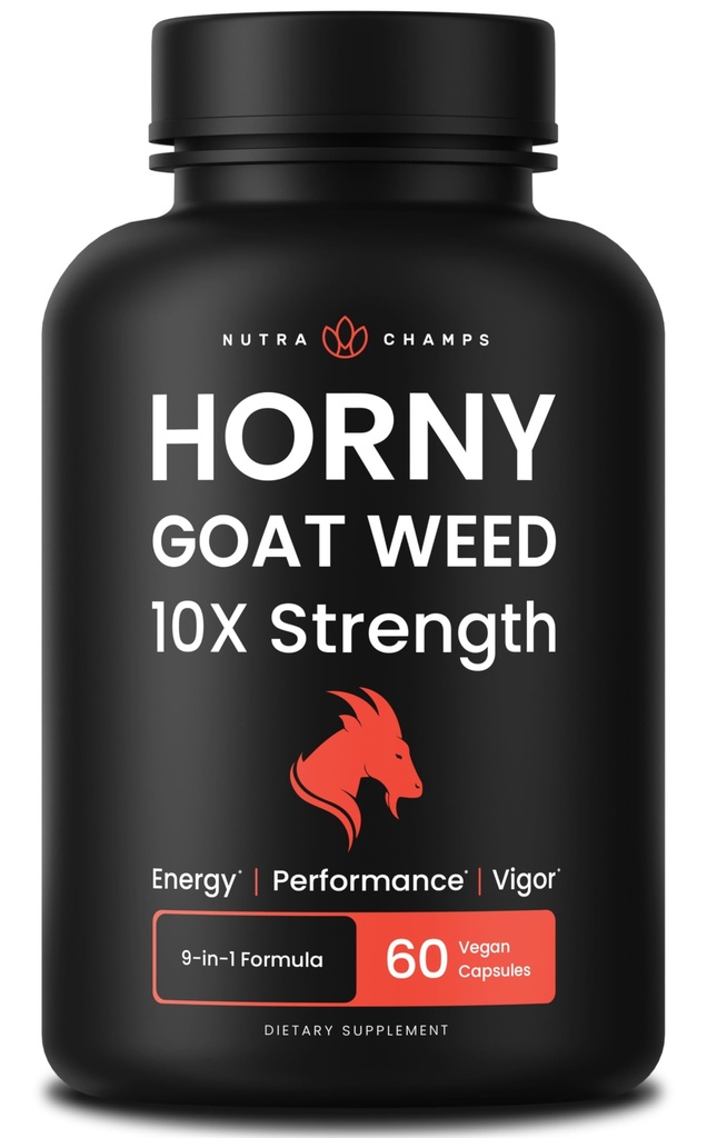 NutraChamps Horny Goat Weed, 1000mg Epimedium Energy Supplement, 10X Strength Icariin, Ginseng, Tribulus &amp; Maca Pills for Women &amp; Men, Enhanced Absorption with Black Pepper, 60 Vegan Capsules