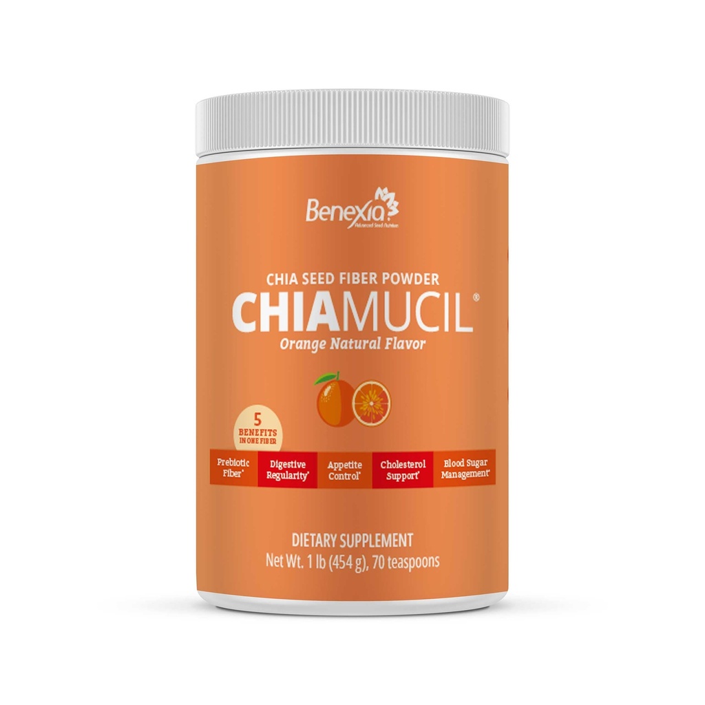 Chiamucil Prebiotic Fiber Supplement Powder – Chia Fiber & Chicory Root (Inulin) for Digestive Health &amp; Appetite Control – Gluten & Sugar Free, Vegan, Non-GMO, Orange - 35 Servings