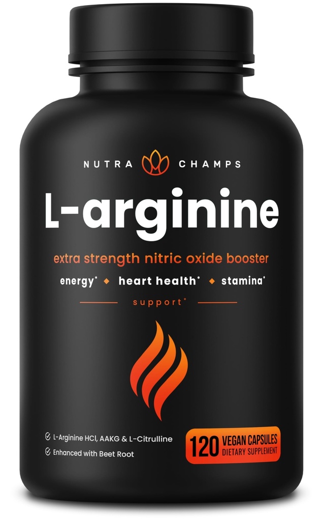 NutraChamps L-Arginine Suplemento 1000mg + L-Citrulline 250mg &amp; Beet Root – Nitric Oxide Booster for Heart Health, Energy & Stamina – Extra Strength Amino Acid Complex – 120 Vegan Capsules
