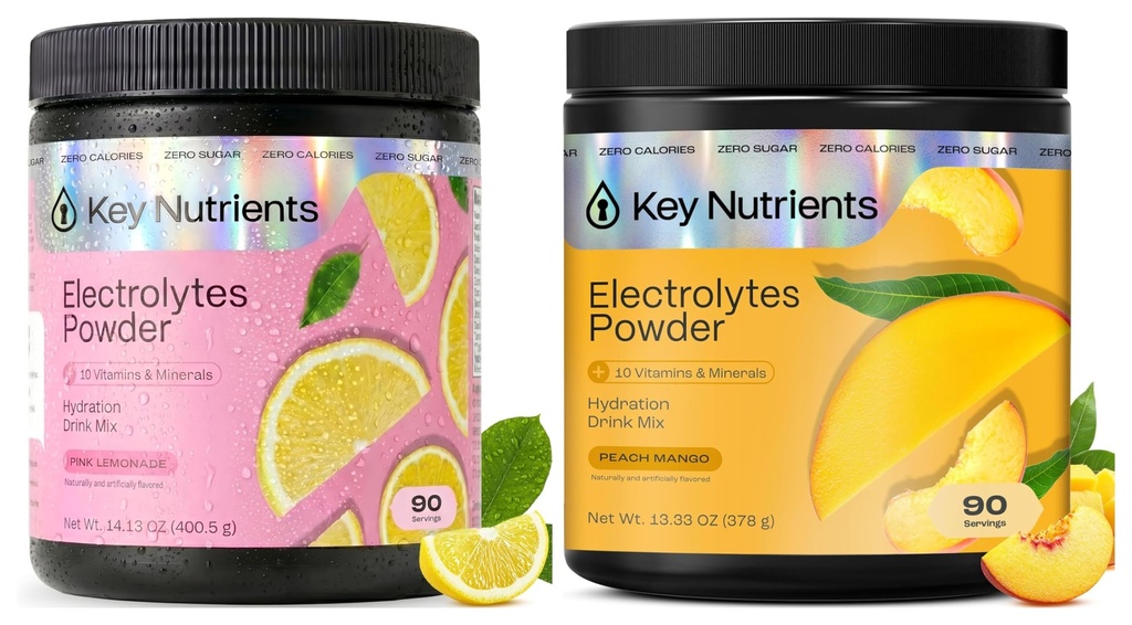 KEY NUTRIENTS Ultimate Hydration &amp; Recovery Electrolyte Bundle – Tropical Peach Mango & Fresh Pink Lemonade, Sugar-Free, 90 Servimientos Cada