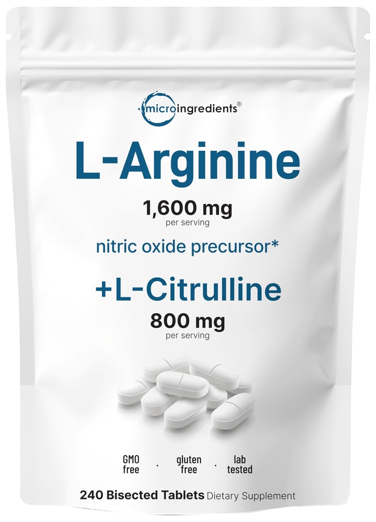 L-Arginina 1,600mg Nitric Oxide Suplemento para Hombres con L-Citrulline, 240 Tablets Bisected ← Nitric Oxide Precursor ← Muscle, Energy, & Heart Support ← Non-GMO, Gluten Free - 4 Month Supply