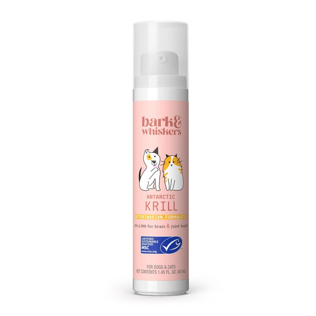 Bomba líquida de aceite de krill Bark &amp; Whiskers - Ácidos grasos Omega-3 para gatos &amp; perros - Soportes Confort Conjunto, Función de piel y cerebro - Soporte antioxidante - 1.45 Fl Oz (186 Bombas)