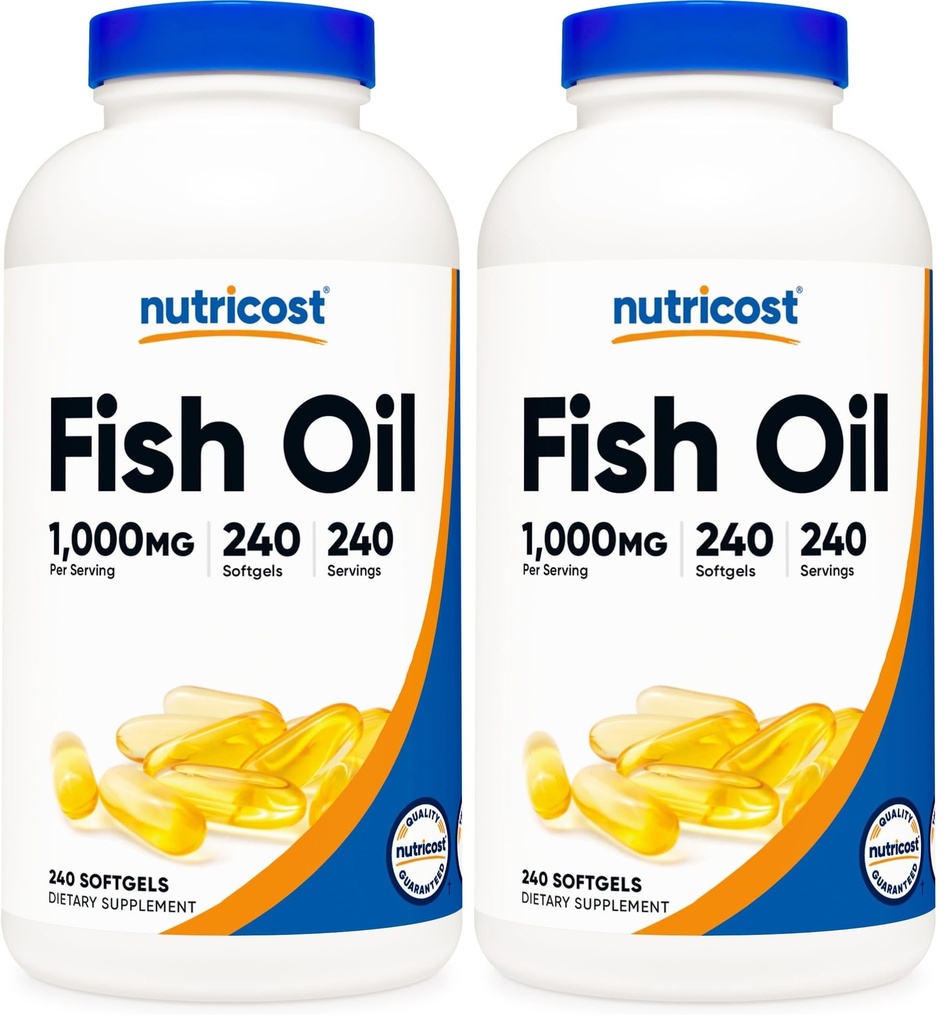 Nutricost Fish Oil Omega 3 Softgels con EPA & DHA (1000 mg de aceite de pescado, 560 mg de Omega-3), 240 Softgels, No GMO, Gluten Free. (Pack of 2)