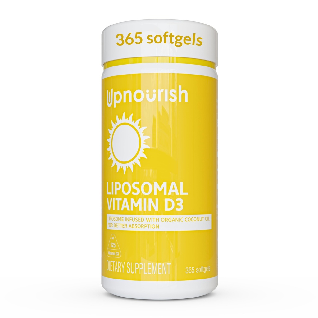 UpNourish Liposomal Vitamina D3 5000 UI Softgels - 1 año de suministro ¦ Orgánica Coconut Oil Infused Vitamin D Suplementos - Soporte Bone, Dental, Corazón, Mood &amp; Immune Health - Non GMO Gluten Free - 365 ct
