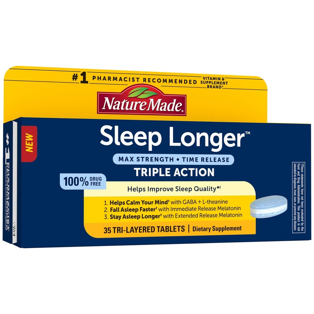 Nature Made Sleep Longer, Melatonin 10mg Time Release Tri-Layer Tablets, Ayuda a mejorar la calidad del sueño, Fall Asleep Faster, Manténgase más largo, L-Theanine y GABA para ayudar a calmar su mente, 35 Tablets