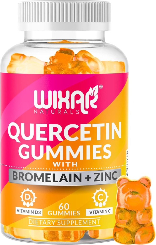 Quercetina Gummies - Quercetina 500mg con Bromelain, Zinc, Vitamina C afectadasD3 - Quercetina Gummy Suplementos para el apoyo y la alergia a las inmunos - Inmunity Booster Vitaminas Suplemento - 60 Chewable