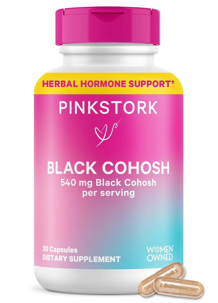 Pink Stork Black Cohosh Suplementos para Mujeres - 540 mg Cohosh Negro puro para la perimenopausa, Menopause Support- 30 cápsulas