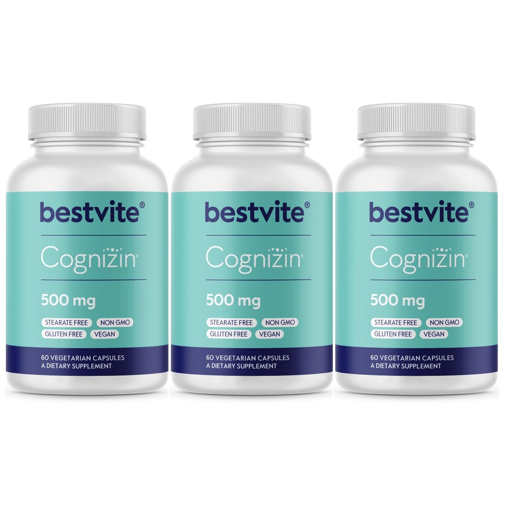 BESTVITE Cognizin Citicoline 500mg (180 cápsulas vegetarianas) (60x3) - Nootropic de línea primaria clínicamente estudiada - No Stearates - Vegan - Gluten Gratis - Suplementos cerebrales para memoria y enfoque