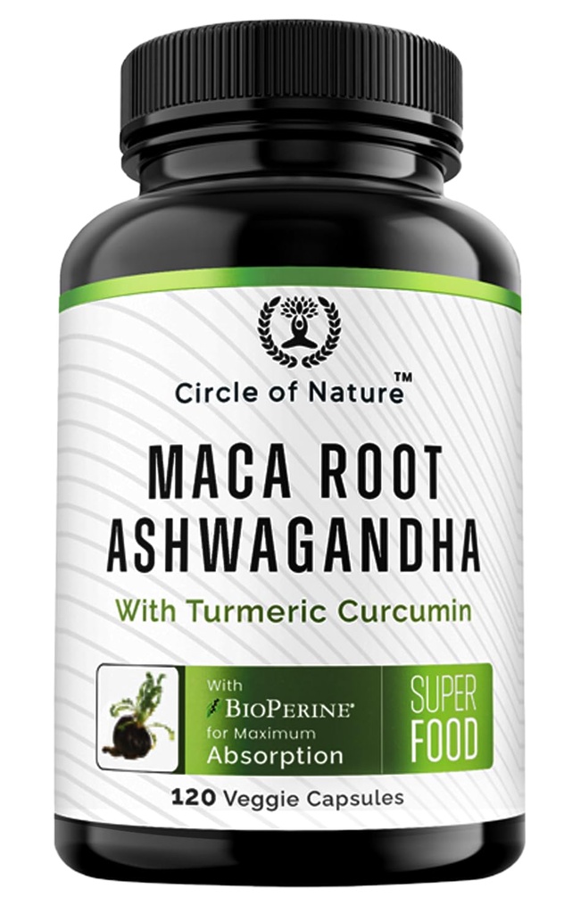 Maca Root, Ashwagandha Root Extract, Capsules for Men &amp; Women with Turmeric Curcumin and Bioperine 120 Capsules Made in USA