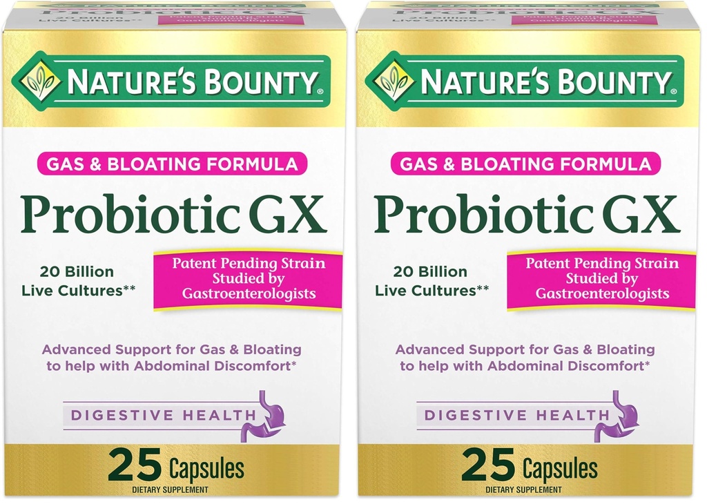 Bounty Probiotic GX, Ayuda con Gas ocasional y Bloating, Suplemento dietético, Salud Digestiva, 25 cápsulas (Pack of 2)