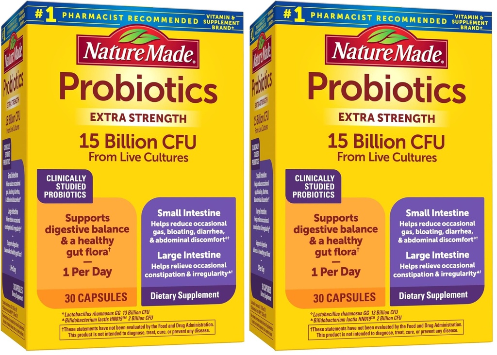 Probióticos hechos por naturaleza para la salud digestiva Extra Strength 15 Billion CFU de las culturas vivas,probióticos para mujeres y hombres,30 cápsulas probióticas,30 fuente de día,(Pack de 2)