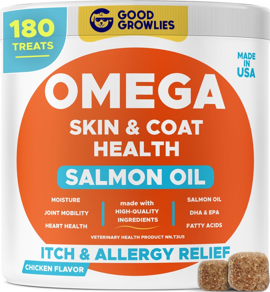Omega 3 Aceite de pescado para perros (180 Ct) - Piel &amp; Coat Chews - Alivio de la piel seco y picante + Alivio de la alergia - Shiny Coats - EPA adultoDHA Fatty Acids - Natural Salmon Oil Chews Promotes Heart, Hip &amp; Joint Support