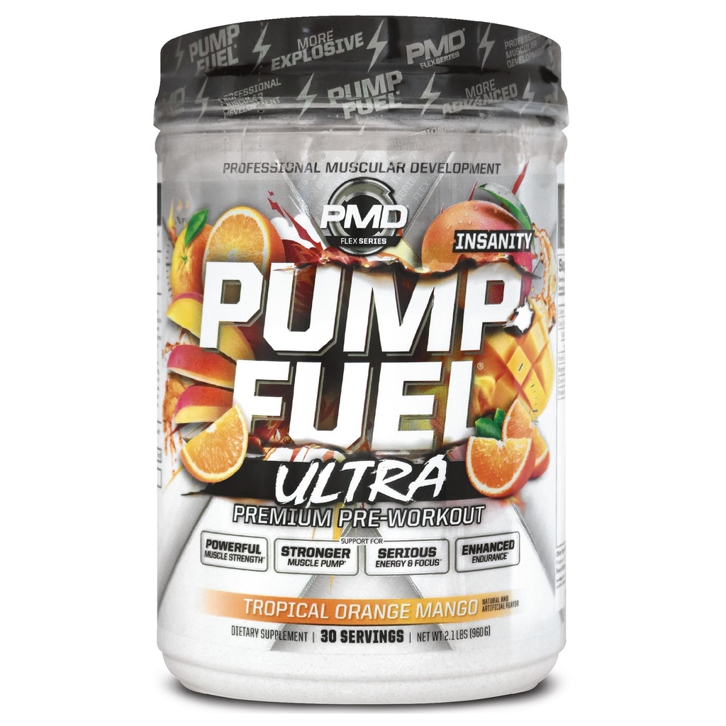PMD Sports Pump Fuel Ultra Insanity - Premium Pre Workout Powder &amp; Muscle Pump, Greater Focus, Endurance & Recovery, Premium Creatine, Arginine & Beta Alanine, Tropical Orange Mango (30 Servings)