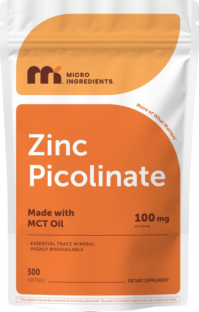 Micro Ingredientes Zinc Picolinate 100 mg Por Serving, 300 Softgels ← Suplemento Zinc para Mujeres y Hombres Silencioso Hecho con MCT Oil latitud Non-GMO