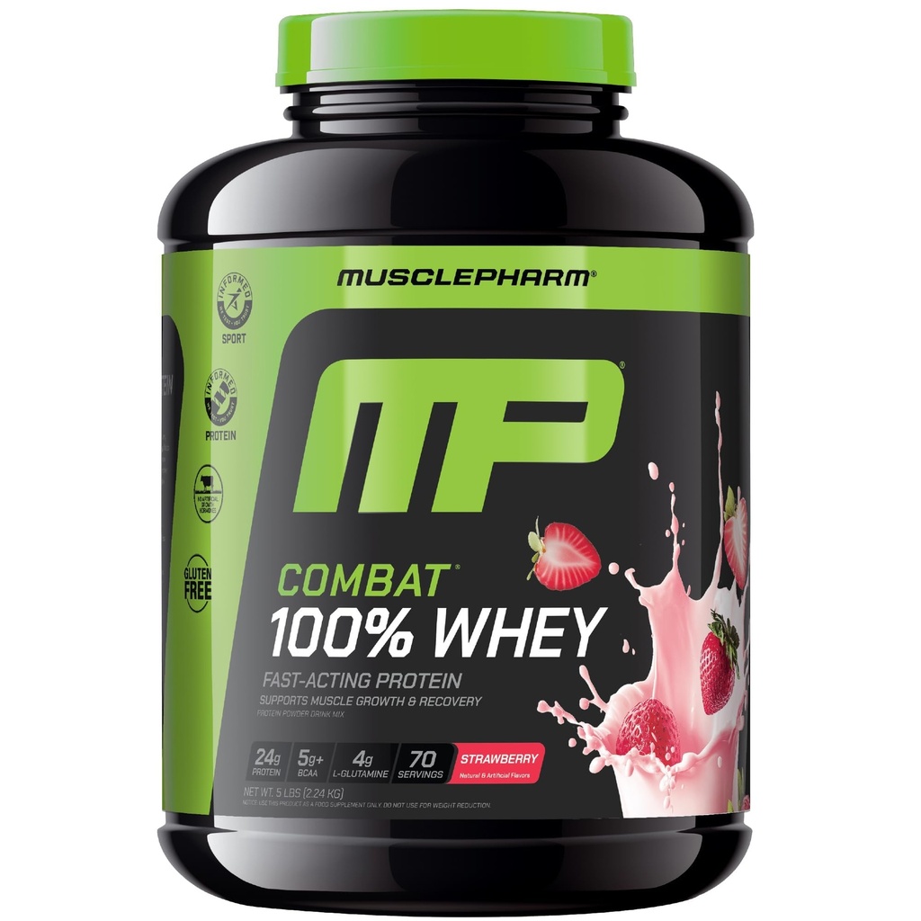MusclePharm Combat 100% Whey Protein Powder, Strawberry Cream Flavor, Fast Recovery &amp; Muscle Gain with Whey Protein Isolate, High Protein Powder for Women &amp; Men, Gluten Free, 5 lb, 70 Servings