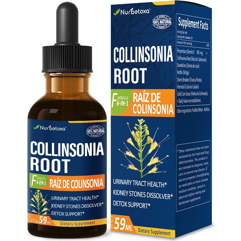 Collinsonia (Stone Root) gotas para la salud del tracto urinario, natural Herbal Fórmula Suplemento w/Stone Breaker Chanca Piedra Extract Support Kidney Stones Dissolver " Detox Cleanse. 2oz