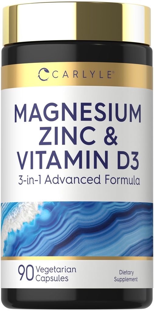 Carlyle Magnesium Zinc and Vitamin D3 TENIDO 90 Capsules ANTE 3-en-1 Advanced Formula ANTE Vegetarian, Non-GMO y Gluten Free