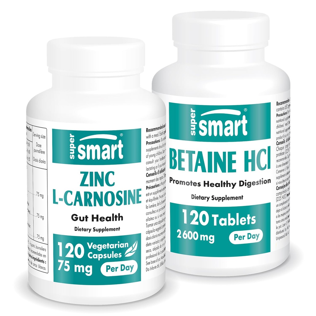 Supersmart - Zinc L-Carnosine + Betaine HCl Bundle (Salud gástrica) ← No-GMO &amp; Gluten Gratis - Vegetarian Capsules
