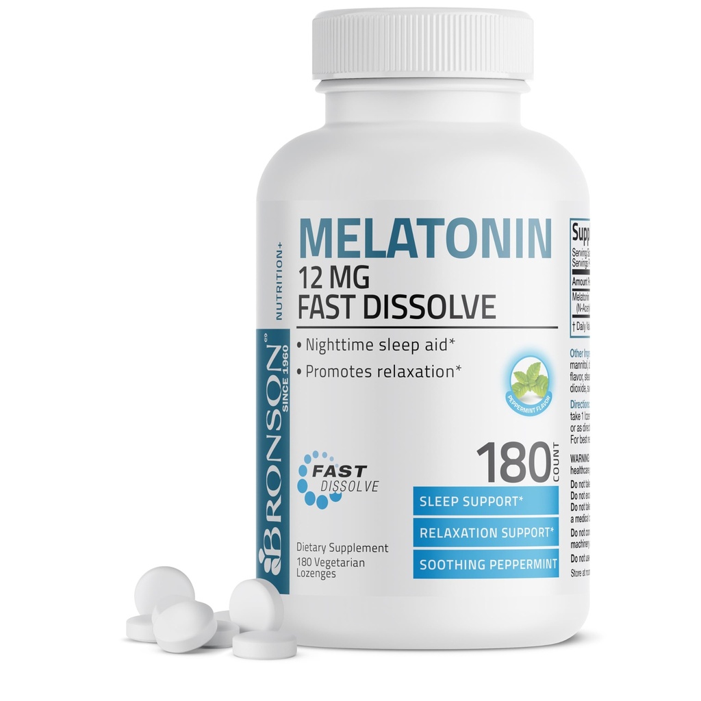 Bronson Melatonin 12mg Fast Dissolve Nighttime Sleep Aid &amp; Relax Support, 180 Peppermint Vegetarian Lozenges