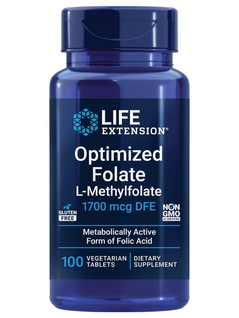 Folato optimizado de la extensión de vida – L-methylfolate – Heart & Brain Support, Healthy Homocysteine Levels – Non-GMO, Gluten-Free, Vegetarian – 1700 mcg DFE, 100 Tablets vegetarianos