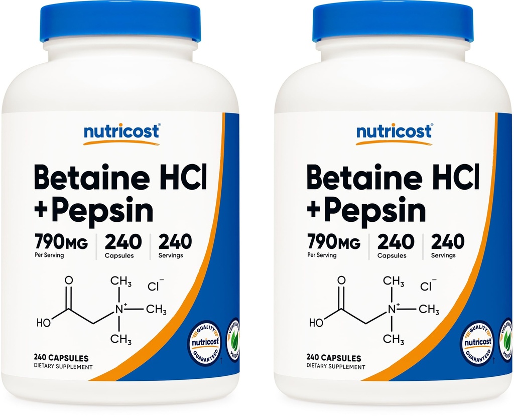 Nutricost Betaine HCl + Pepsin 790mg, 240 cápsulas, 2 botellas (480 cápsulas)