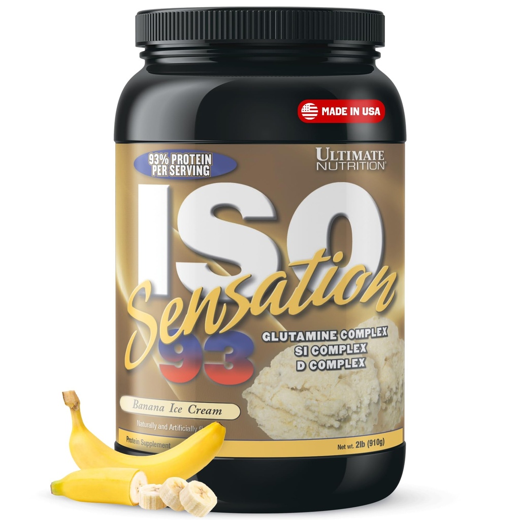 Ultimate Nutrition Whey Protein Isolate Powder with Glutamine Complex, ISO Sensation 93 - Whey Protein Powder with Añadido Colostrum for Enhanced Recovery, Immunity & Gut Health - Banana, 2lbs